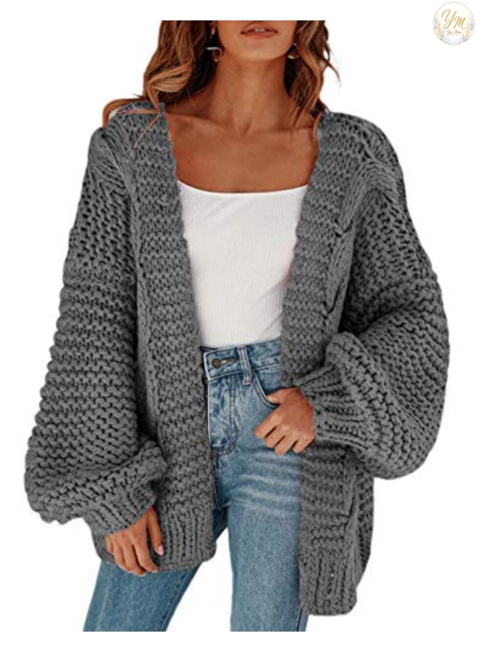 Chunky Knit Open Front Cardigan Loose Fit Lantern Sleeve Oversized Sweater